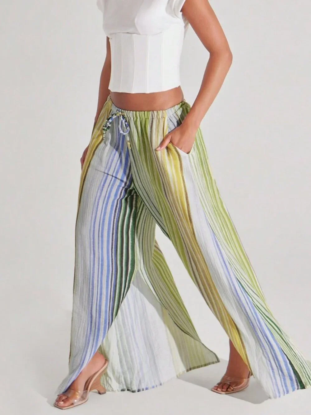 Multicolor Casual Women's Loose Wide Leg Striped Pants